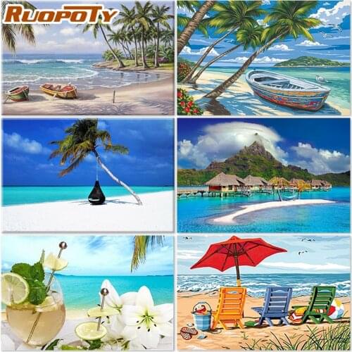 RUOPOTY Paint By Number Canvas Painting Kits Seaside Beach DIY Wall Art Unframe Coloring By Numbers Landscape Home Decoration
