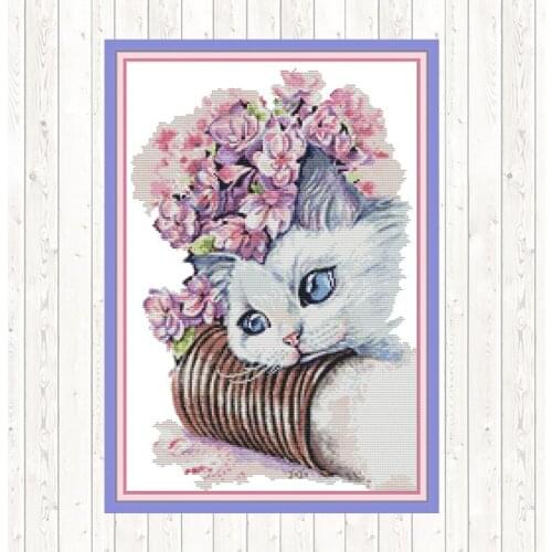 Cat and Flower Printing Pattern 14CT 11CT Count Cross Stitch Kit DIY Needlework Kits Embroidery Kit DIY Home Decoration Painting