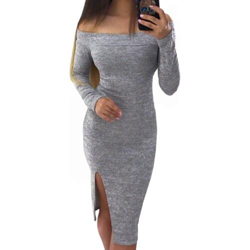 Solid Women Dress Slash Neck Slim Robe Dresses Autumn Winter Dress Side Split Bodycon Sexy Party Dress Femme Jumper GV079