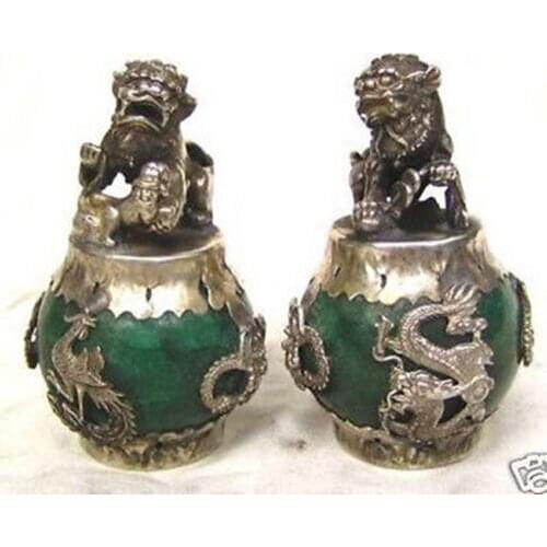 A Pair of Tibetan Silver Dragon Phoenix lion foo dog Statue Inlaid with Artificial Green Jade