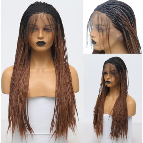 RONGDUOYI Braided Box Braids Wigs For Women High Temperature Fiber Synthetic Lace Front Wig Ombre Brown Lace Wigs Cosplay Wig