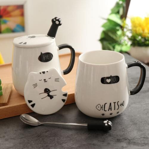 Cute Cartoon Cat Milk Mugs Coffee Cups Set with Lid Spoon Ceramic Eco Friendly Cute Coffee Mugs and Cups Kitchen Drinkware