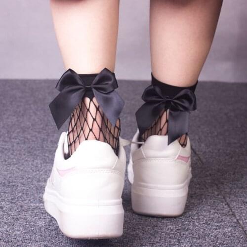 Sexy Hollow Breathable Sexy Women Socks Black Mesh Acrylic Fibres Cute Bow Short Ankle Socks Girls Fishnet Socks Multicolor