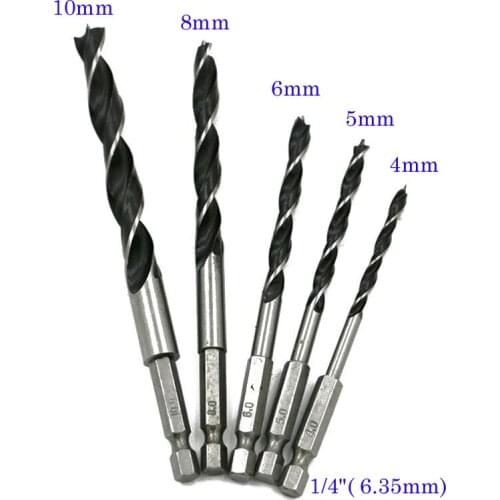 5pcs Metric Quick-change 1/4"( 6.35mm) Hex Shank HCS Sharp Twist Drilling Bit three sharp Woodworking Drill 4mm 5mm 6mm 8mm 10mm