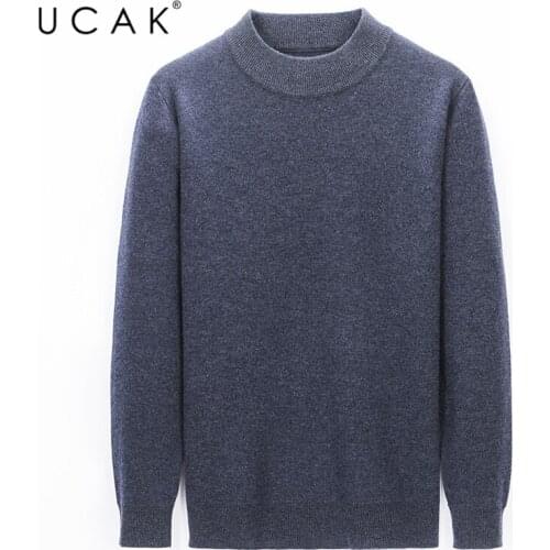 UCAK Brand Pure Merino Wool Solid Color Sweaters Men Clothes O-neck Streetwear Sweater Pull Homme Warm Pullover Clothing U3195