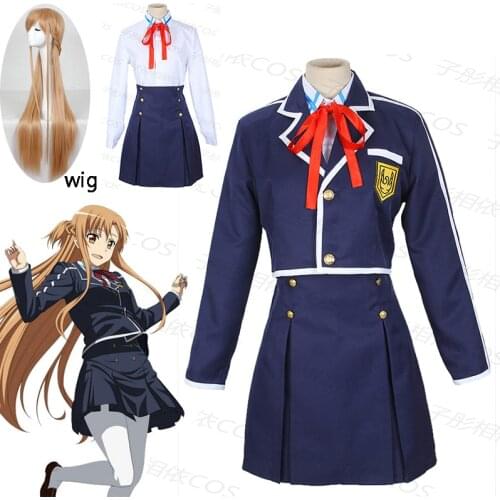 Sword Art Online SAO Yuuki Asuna School Uniform Coat Shirt Skirt Anime Outfit Cosplay Costumes Halloween cosplay costume and wig