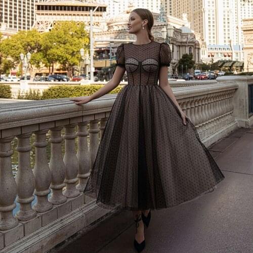 2021 Princess Dot Tulle Prom Dresses Tea Length Short Sleeves See Through Dotted Tulle Formal Party Gowns Evening Wear