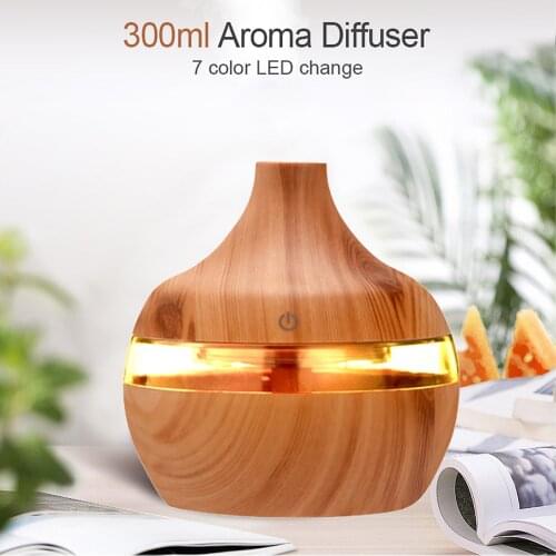 300ml Aromatherapy Essential Aroma Oil Humidifier Ultrasonic Wood Grain Air Humidifier USB Mist Maker 7 Color LED Night Light