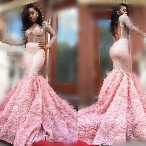 Gorgeous Pink Long Sleeve Prom Dresses Sexy See Through Long Sleeves Open Back Mermaid Evening Gowns South African Formal