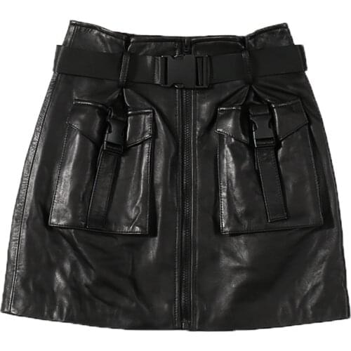 Genuine Leather 2020 Spring new true leather skirt black female sheep skin slim a-line skirt pocket skirt punk trend