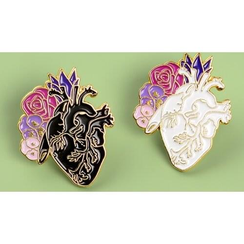 Organ Heart Enamel Pins Pink Flower Black white Heart Anatomical Brooches Fashion Backpack Badge Medical Jewelry Gift for friend