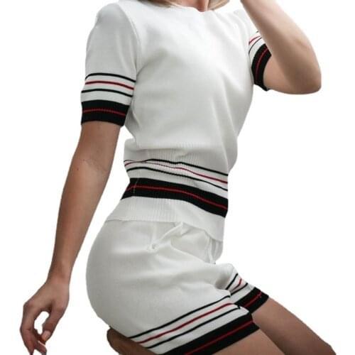 Elastic Waist Womens Shorts + O-neck Short Sleeve Contrast Color Slim T Shirt Striped Womens Summer Suit Casual Sets Clothing
