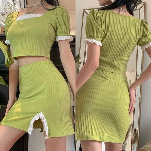 2Pcs Women Summer Outfit, 2021 Fashion Lace Trim Square Neck Short Sleeves Crop Tops + High-Waist Slit Skirt for Girls, Green