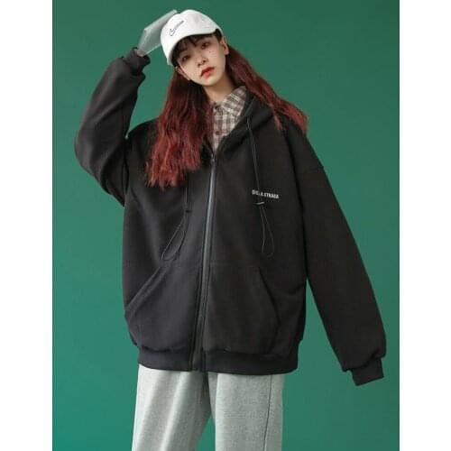 Womens Hoodeds Sports Cardigan Plus Velvet Thick Sweater Autumn And Winter Korean Version Of The New Zipper Loose Harajuku Tops