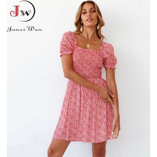 Floral Print Summer Dress Women 2021 Casual Puff Short Sleeve Square Collar Elastic Waist Mini Boho Beach Sundress