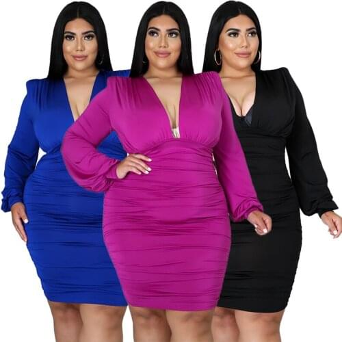 Sexy Skinny Women Bodycon Pleated Dress Elegant Deep V Neck Long Sleeve Casual Party Club Summer Dresses Plus Size 4XL 3XL