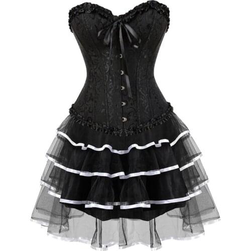 Corset Dress for Women Plus Size Costume Overbust Burlesque and Skirt Set Tutu Corselet Victorian Fashion Gowns Black