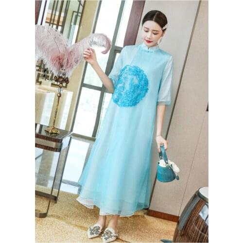 New summer original Chinese retro Zen style flower Embroidered big size mandarin collar button Cheongsam loosen dress for women