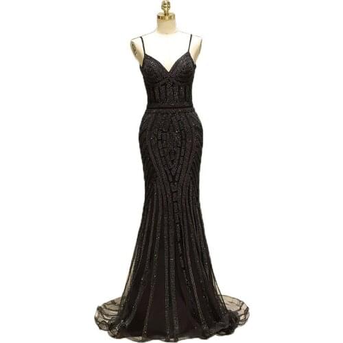 Spaghetti Straps Sequined Beading Mermaid Diamond Trumpet Backless Floor Length Party Dresses Vestido de noche Robe de soiree