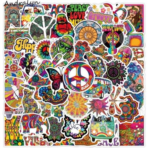 10/50Pcs/set Retro Hippie Cartoon Peace Love Stickers PVC Decoration Model Suitcase Laptop Sticker Decal Graffiti Patches Moto