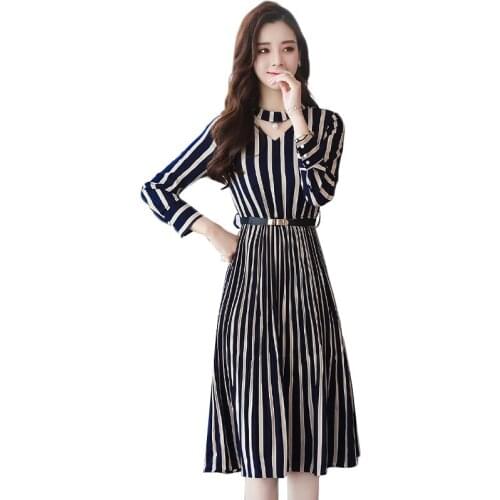 2019 Autumn Women Dress Fashion Black Striped Midi Dresses Korean Women Vintage Sexy Dress Long Sleeve Party Dress Vestidos K912