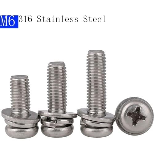 M6 - 1.0 316 Stainless Steel Round Head Phillips Screws + Flat Spring Washer SEM A4 - 70 bolts