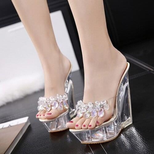 Summer fashion nightclub sexy waterproof platform 14CM high heel slippers fish mouth transparent crystal high heel sandals