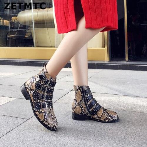 ZETMTC 2018 Women Zipper Boots Snake Print Ankle Boots Square heel Fashion Round head Ladies Sexy shoes New Chelsea rivet Boots