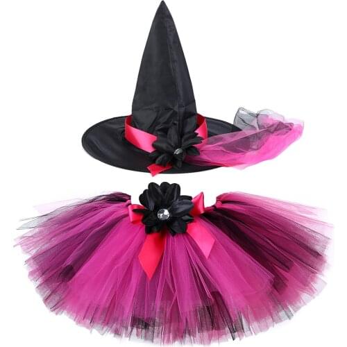 Black & Fuchsia Baby Girls Tutu Skirt with Hat Set Children Halloween Party Costume Fluffy Tulle Skirt Kids Tutus Outfit 0-14Y