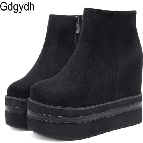 Gdgydh Height Increasing Woman Boots Platform No Heel Suede Leather Shoes European Side Zipper Ankle Boots For Women Top Quality