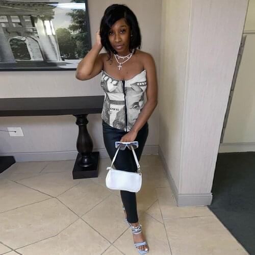 Hipster Drawstring Backless Two Piece Club Outfits Women Money Dollar Zipper Waist Shaping Tops and Pencil Legging Co-ord Sets