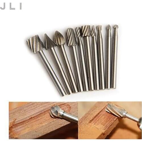 JLI 10pcs 3*40mm Suitable Rotary Burrs Set HSS Rotary File For Wood Plastic Hollow Carving Job