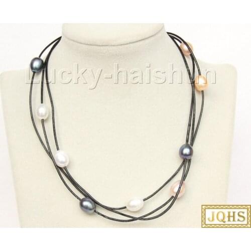 40cm-45cm adjustable 3row black white pink purple freshwater pearls black leather necklace j9922