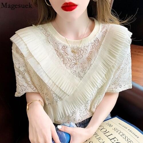 Summer O Neck Ruffle Stitching Womens Shirt Sweet Hollow Flower Blouse Women New Short Sleeve Crocheted Lace Tops Blusas 15809