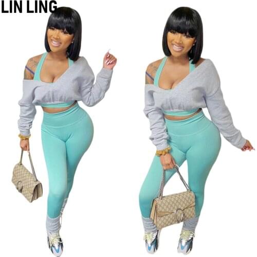 LINLING Fashion Simple Three Piece Solid Color Long Sleeve V-neck Short Sweater Tank Top with Blue Trousers