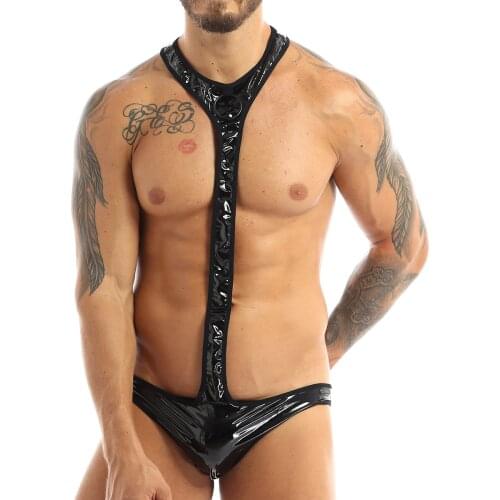 Male Latex Sexy Bodysuit for Mens Faux Leather Body Stocking Open Butt Wrestling Singlet Gay Jockstraps Sexy Costumes Clubwear
