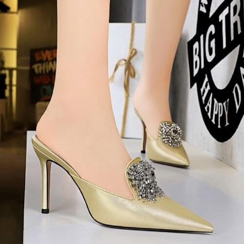 2021 Women Luxury 10.5cm High Heels Slides Mules Designer Lady Gold Silver Heels Crystal Slippers Outsides Prom Shoes for Women