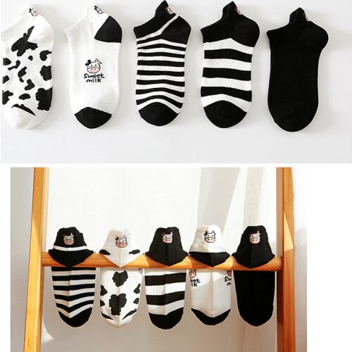 Black White Stripe Cow Embroidery Cartoon Animal Pattern Socks Happy Funny Female Cotton Ankle Summer Women Men Casual Cute Sock