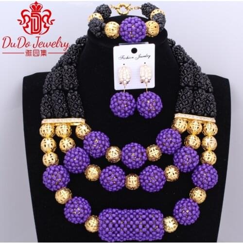 Newest Opaque Black And Purple Handmade Balls African Jewelry Set Nigerian Beads Necklace Jewelry Set Dubai Necklace Sets2017