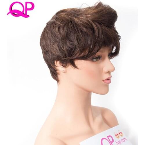 QP hair 6inch Short Natural Wave Dark Brown Synthetic Wig With Bangs for Women African American Wigs hair