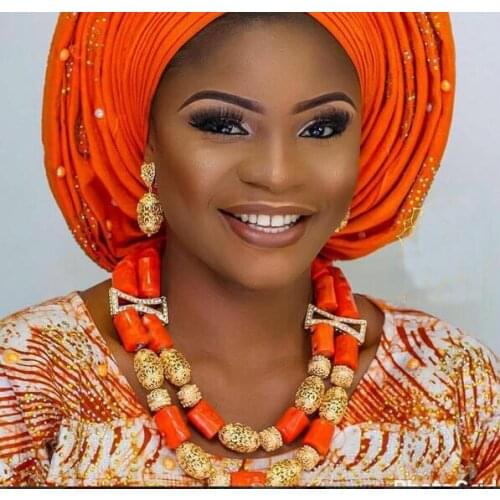 Real Coral Bridal Beads Jewelry Set Indian Wedding Gold Necklace Earrings Set Gold Jewelry Set for African Wedding CNR821