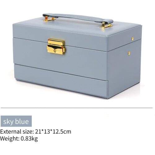 Portable Blue Pu Leather Jewelry Box With Lock For Femal Ring Earring Pendent Bracelet Jewellery Organizers Case Built In Mirror