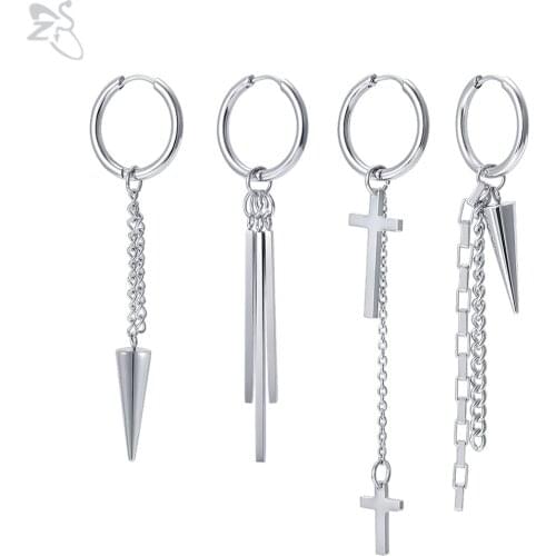 ZS 1 Pair Korean Kpop Dangle Earring Stainless Steel Hoop Ear Piercing Hip Hop Cone Cross Tassel Drop Earrings Jewelry Pendiente