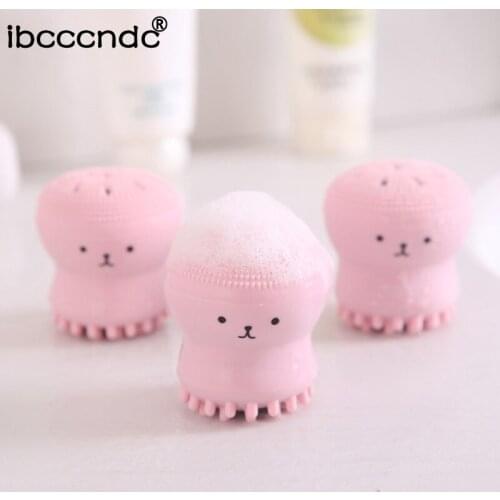 Hot Pink Silicone Face Cleansing Brush Facial Cleanser Pore Cleaner Exfoliator Face Scrub Washing Brush Small Octopus Shape Cute