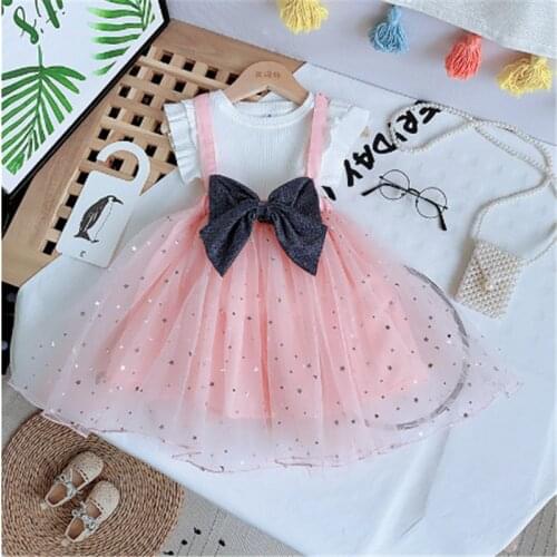 Kid Girls Skirt Two Pieces Suit Fresh Solid Color Fly Sleeve Pullover Tops and Sequin Suspender Gauze Skirt