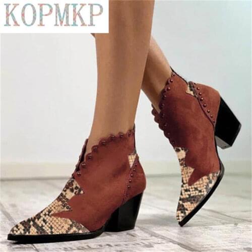 2020 Ankle Boots Woman Rivet Boots Female Autumn Winter PU Leather Cowboy Pointed Toe Women Wedge Heel Booties Snake Shoes 36-43