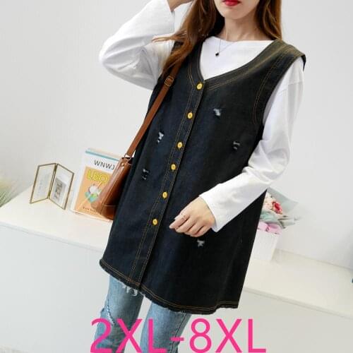 New autumn winter plus size coat for women casual loose sleeveless V neck denim long vest black clothes 3XL 4XL 5XL 6XL 7XL 8XL