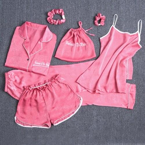 7 Pieces Women Pajamas Set Stain Soft Pyjama Spring Autumn Female Nightwear Solid Faux Silk Shorts Homewear 2020