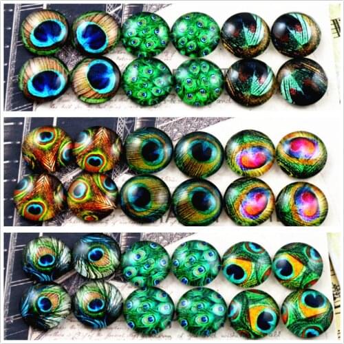 12pcs/lot (One Set) Three Style 12mm Feather Eyes Series Handmade Glass Cabochons Pattern Domed Jewelry Accessories Supplies