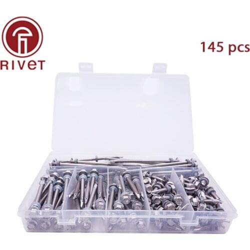 145 Pcs M5.5x25/50/100 mm 410 Stainless Steel External Hexagonal Self Drilling Screw Bolt Tapping Drilling Tail Screw With Box